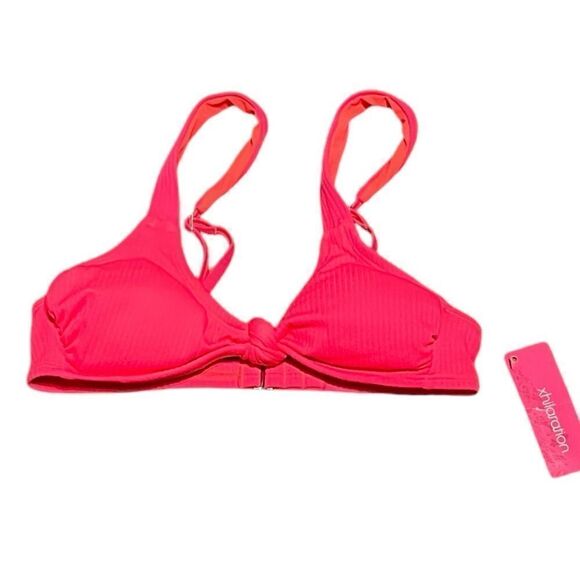 Xhilaration Junior’s Coral Red Front Knot Ribbed Bikini Swim Top, S (0-2), NWT - Picture 1 of 7
